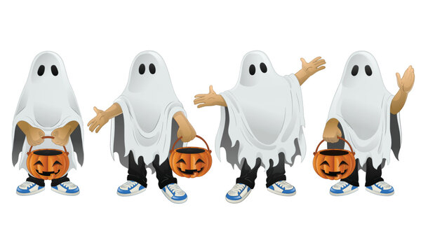 kid wearing ghost costume of halloween in various pose