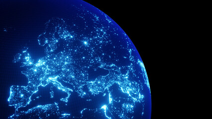 Planet Earth glowing at night viewed from space. Shining city lights in Europe, concept about technology, energy, population density, development. World, international relations. Global business.