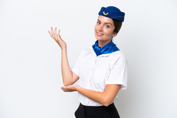 Airplane stewardess caucasian woman isolated on white background extending hands to the side for inviting to come