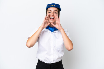 Airplane stewardess caucasian woman isolated on white background shouting and announcing something