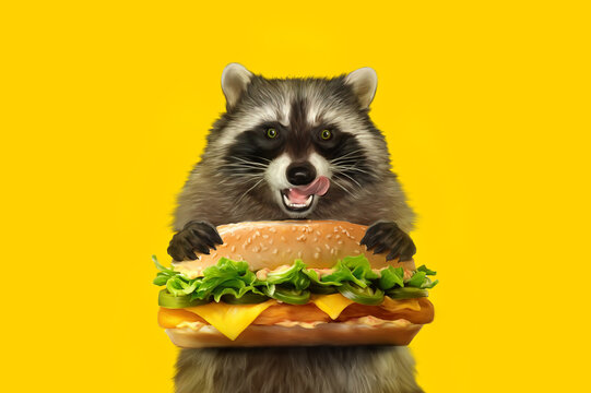 Funny raccoon licking mouth holding a delicious burger in his hands. Digital art. Artwork.