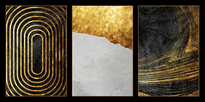 Modern Nordic Black And Golden Modern Wall Decor. 3d Abstract Marble Wallpaper. Curvy Lines In  Drawing Resin Geode Functional Art