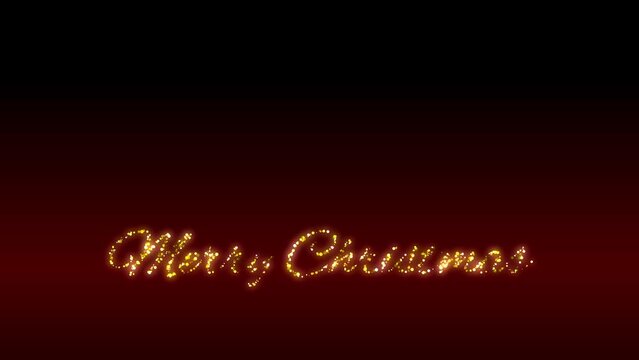 Merry Christmas golden text animation with sparkling Christmas letters revealing from left to right on dark red and black background with glittering and glowing Merry Christmas letters festive animati