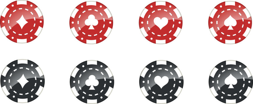 Set of red and black casino chips with card suits spades, hearts, clovers, diamonds isolated on white background. Jackpot and blackjack in roulette.   Vector stock