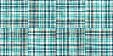 Teal rustic coastal beach house border check fabric tile. Seamless sailor flannel edging trim textile. Gingham rustic banner ribbon endless tape.