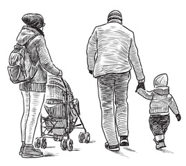 Hand drawing of family young people with little child walking together outdoors