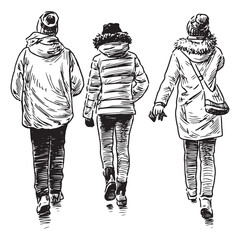 Hand drawing of teens friends walking outdoors