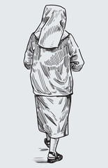Hand drawing of walking alone nun