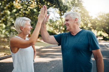 High five, success or senior couple fitness in running workout, exercise or training in nature park...