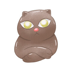 Brown cat looking and arms crossed. Raster png transparent illustration digital paint with paper texture for decorate and any design.
