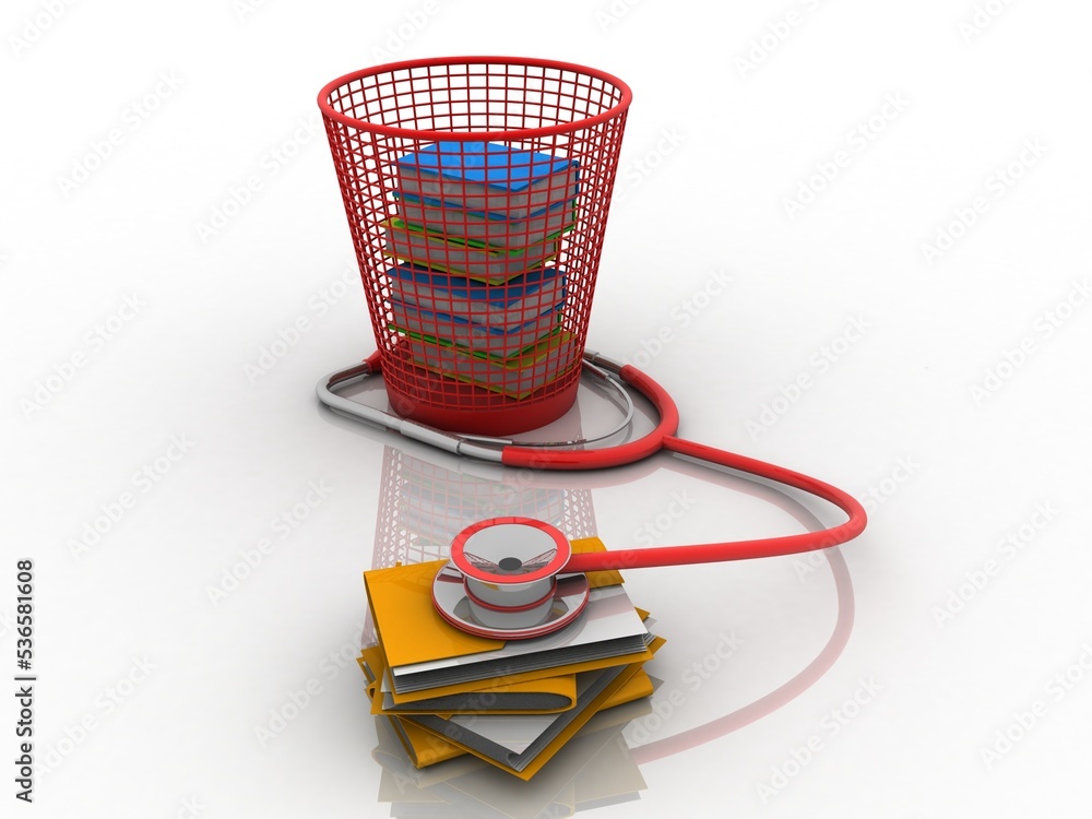 Poster 3d rendering folder with bin in book connecting stethoscope
