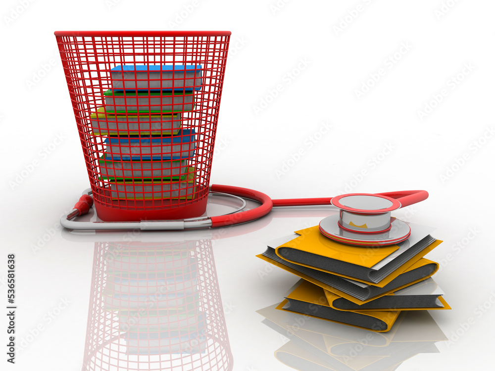 Poster 3d rendering folder with bin in book connecting stethoscope