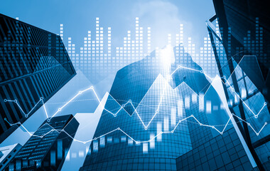 As background for a financial or business concept, digital screen and financial graphs overlap on a picture of modernistic cityscape, skyscrabbers.