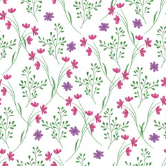 Seamless pattern hand drawn pink and violet wild flowers and herbs on white background