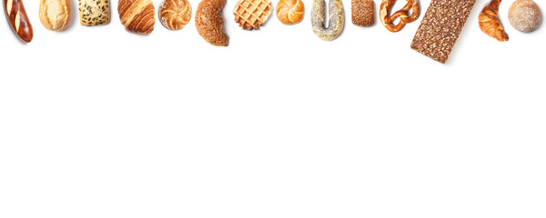 Top frame of bread variations isolated on white background