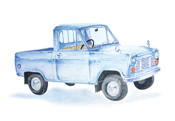 Antique truck painted with watercolors.Cream colored classic pickup truck hand drawn.Illustration of a separate transportation vehicle on a white background.Cute toy car painting.Blue autocar drawing.