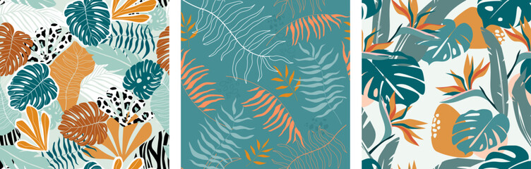 Fototapeta na wymiar A set of seamless patterns with tropical leaves and flowers. Exotic floral print with flowers, monstera, abstract shapes and silhouettes. Vector graphics.