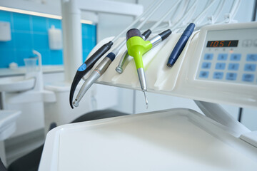 Dental Instruments. Scalers and portable suction units in dental clinic