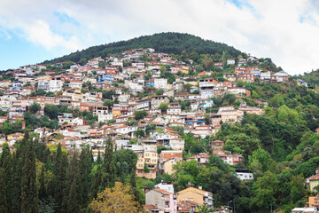 Fototapeta na wymiar Old houses on the hill. Bursa city view. Houses on the Uludag mountain. Touristic destination in Turkey.