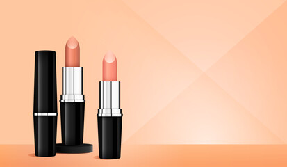 Obraz premium Vector realistic makeup sale banner design. Black Friday business promo flyer. Cosmetics luxury brochure. Premium lipstick poster. Cosmetology beige background. November holiday sales. Beauty ads