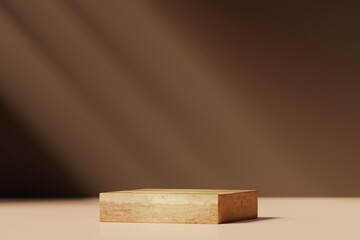 Minimal wood pedestal or podium for product showcase. Boxe shape pedestal. Brown background. Empty stage. 3d render illustration