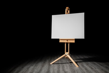 Artist easel with blank canvas background at art gallery exhibition