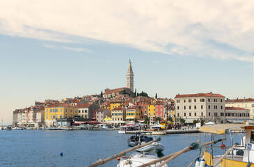 The beautiful town of Rovinj in Istria, Croatia as seen from the other side. In the middle of the town stands the 