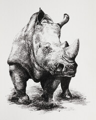 Illustration - a portrait of a rhinoceros. A drawing of a massive rhino with a large horn, drawn with a linear pen.