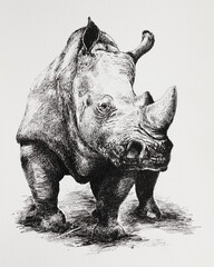 Illustration - a portrait of a rhinoceros. A drawing of a massive rhino with a large horn, drawn with a linear pen. © Yurii