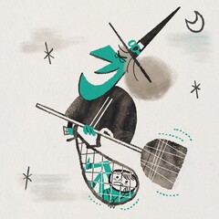 A Wicked Witch Flying on a Broomstick Mid-Century Style Illustration Shopping Groceries Flight Vintage Retro Texture Halloween