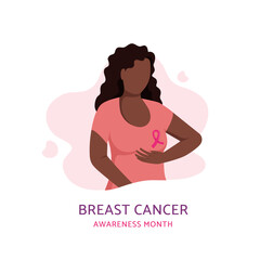 October Breast cancer Awareness Month. African woman with a pink ribbon. Women's Health Solidarity campaign. Banner, web template, poster. Flat vector cartoon illustration