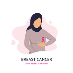 October Breast cancer Awareness Month. Woman in a hijab with a pink ribbon. Women's Health Solidarity campaign. Banner, web template, poster. Flat vector cartoon illustration