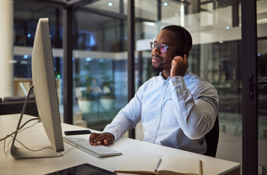 Call center, CRM or customer service working black man with telemarketing or customer support in office. Consultant, contact us or help desk agent consulting, support or advice with questions