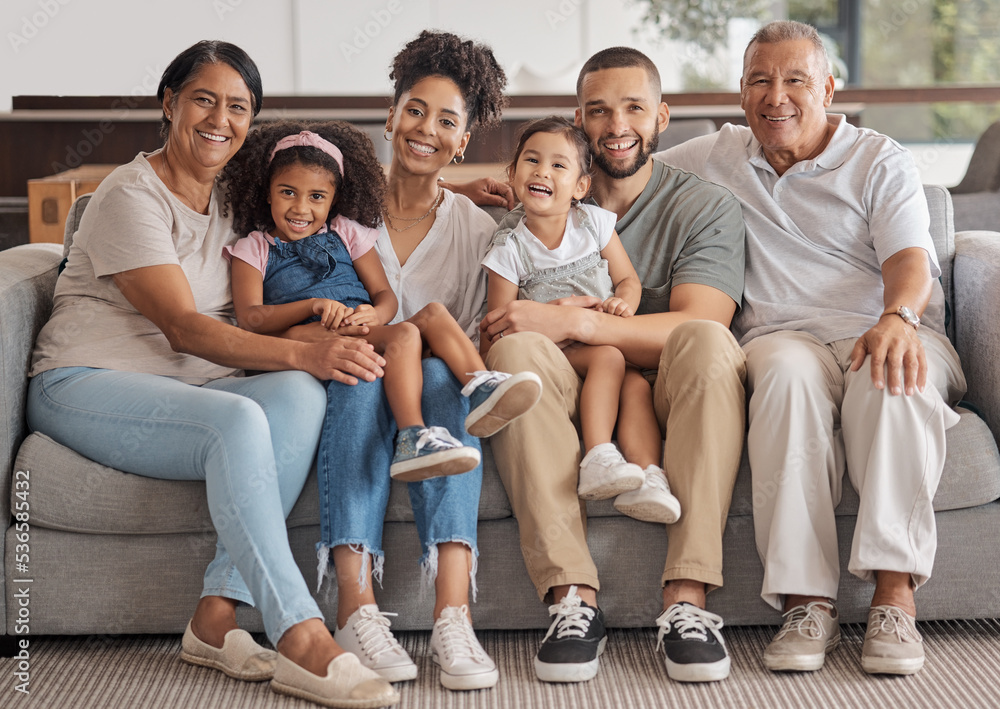 Poster Portrait family, children relax and grandparents happy on living room sofa in house during retirement. Mother, father and young girl kids on couch with smile and elderly people for quality time