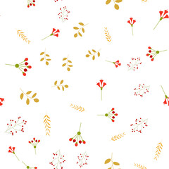 Yellow leaves on twigs and berries on a transparent background. Vector seamless pattern.