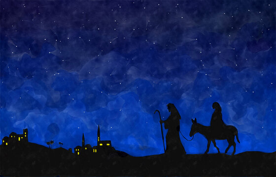 Joseph and Mary journey to Bethlehem. Watercolor painting sketch. Greeting card background.

