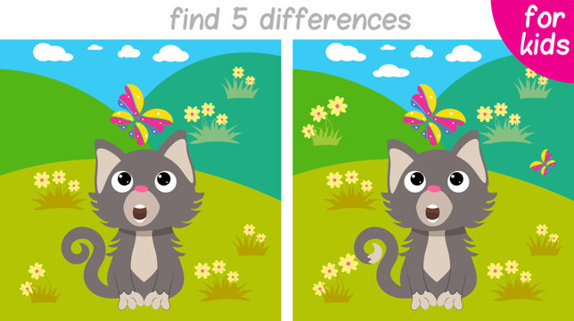 kitten looks at the butterfly with surprise. Logic game for children. You need to find 5 differences.