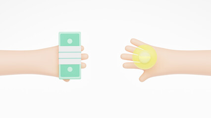 Idea trading for money concept. Closeup one hand holding a light bulb while the other hand offers money dollar bills, Sell an idea. Business idea. Money vs ideas poster. 3d render illustration
