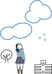 憂鬱な表情で空を見上げる女子学生　イラスト素材
