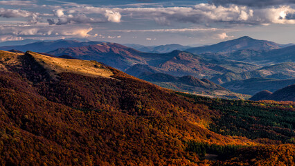 Naklejka na ściany i meble Colorful autumn mountain landscape, Bieszczady Mountains, Carpathians, Poland and Ukraine.