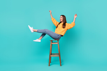 Side profile full size photo of young pretty cute lady business manager sitting chair excited...