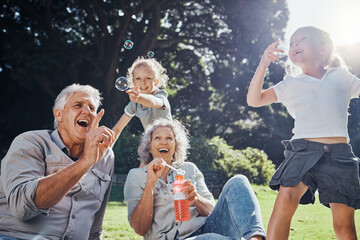 Grandparents, bubbles and children play in park happy together for fun, joy and outdoor happiness. Retired, smile and excited elderly senior couple, girl grandkids and love playing outside in nature - obrazy, fototapety, plakaty