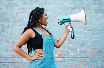 Megaphone, protest and black woman with speech, rally and announcement for politics, equality and...