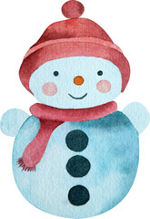 Snowman with scarf and hat, Christmas, new year, texture, winter, decoration, illustration, watercolor 