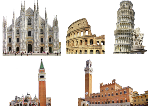 Italian most famous architectural landmarks set for collage. Heritage and architecture of Italy