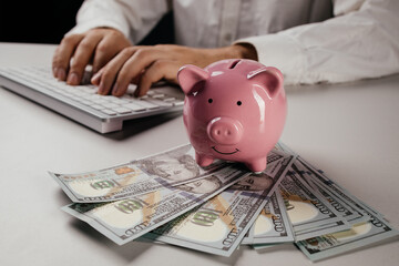 Businessman and piggy bank. Business, finance, investment, saving and corruption concept
