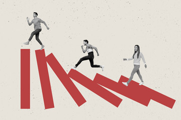 Composite collage image of company business employees running escaping domino effect balance...