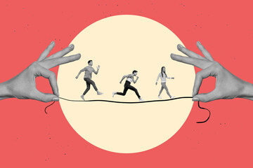 Creative drawing collage picture of company business team building walking hands hold tightrope...