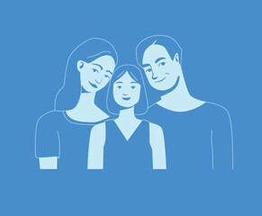 Obraz na płótnie Canvas Flat illustration of a family in blue color. Young couple with a child. Mom, dad, daughter.