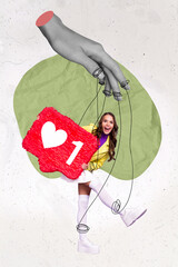 Collage photo of young adorable cute woman manipulator boss addicted social media like repost...
